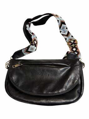 Black Faux Leather Crossbody Bag with Patterned Strap